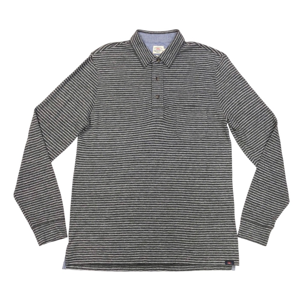 Faherty Striped Movement Polo Long Sleeve Shirt Men's Size Medium Gray White